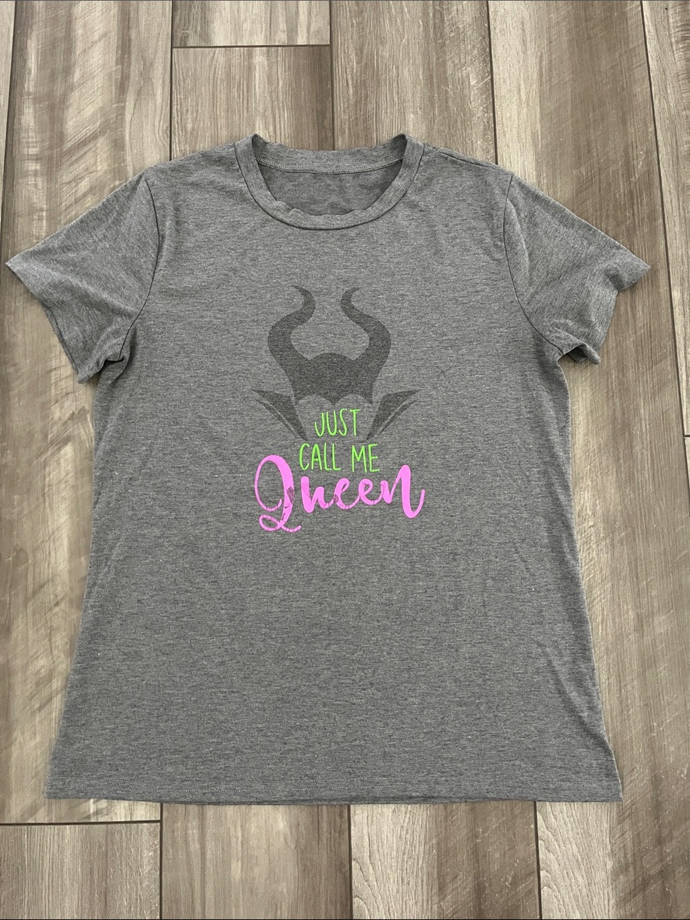 Disney Maleficent Gray Tee "Just Call Me Queen" with Pink & Neon Green Text